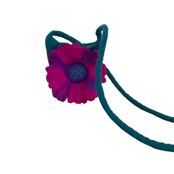 Handmade Wool Shoulder Bag with Teal and Purple Flower Made in Nepal - Picture 2 of 11